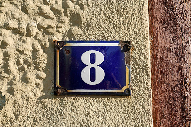 istock House number: White 8 on old-fashioned blue enamel sign 599247726