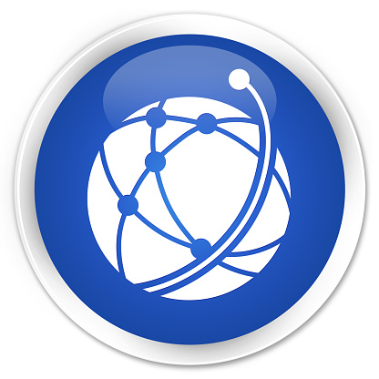 Global network icon blue glossy round button