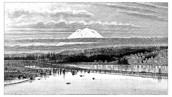 Antique illustration of Mont Rainier, Tacoma
