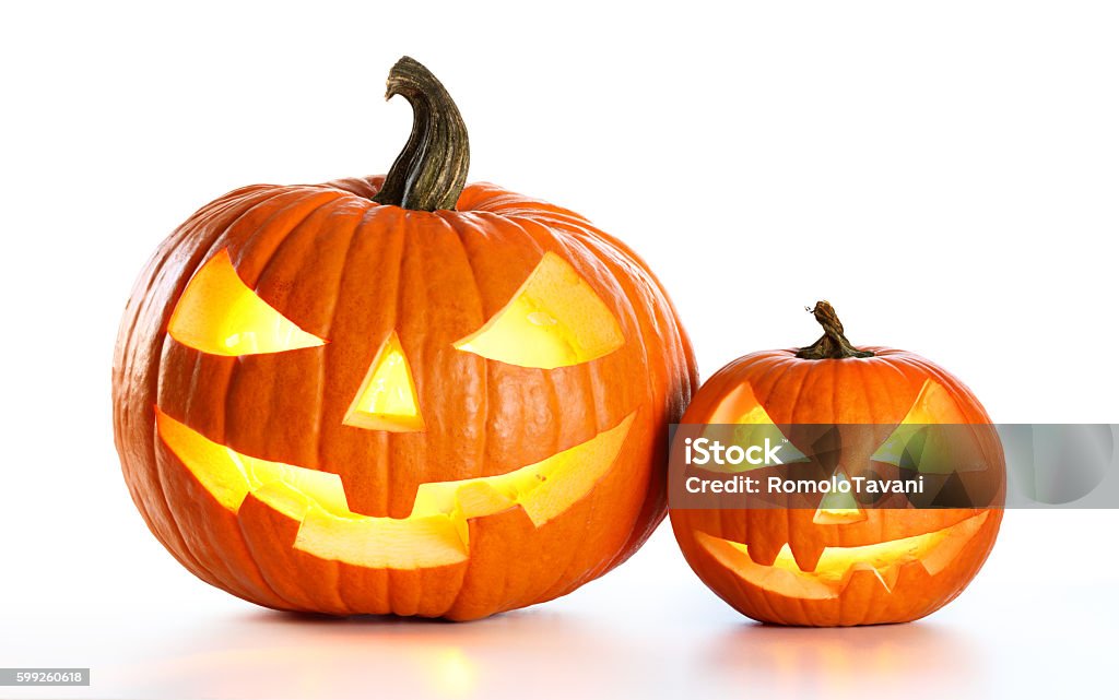 Halloween Pumpkins Isolated On White Two Carved Pumpkin On White Background Halloween Stock Photo