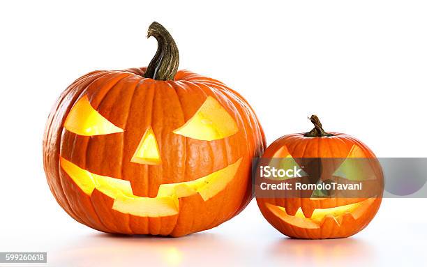 Halloween Pumpkins Isolated On White Stock Photo - Download Image Now - Halloween, Cut Out, White Background