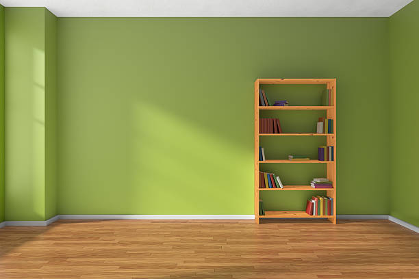 istock Empty green room wooden bookshelf interior 599260932