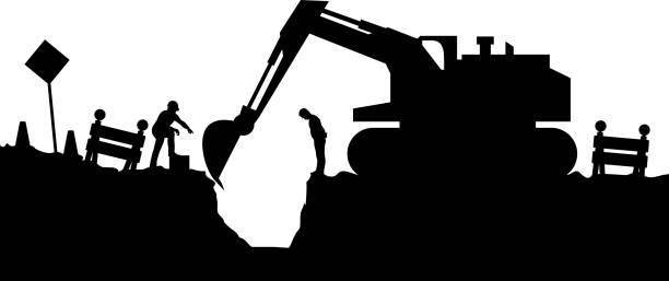ilustraciones, imágenes clip art, dibujos animados e iconos de stock de silueta de tractores y constructores - earth mover bulldozer construction equipment digging