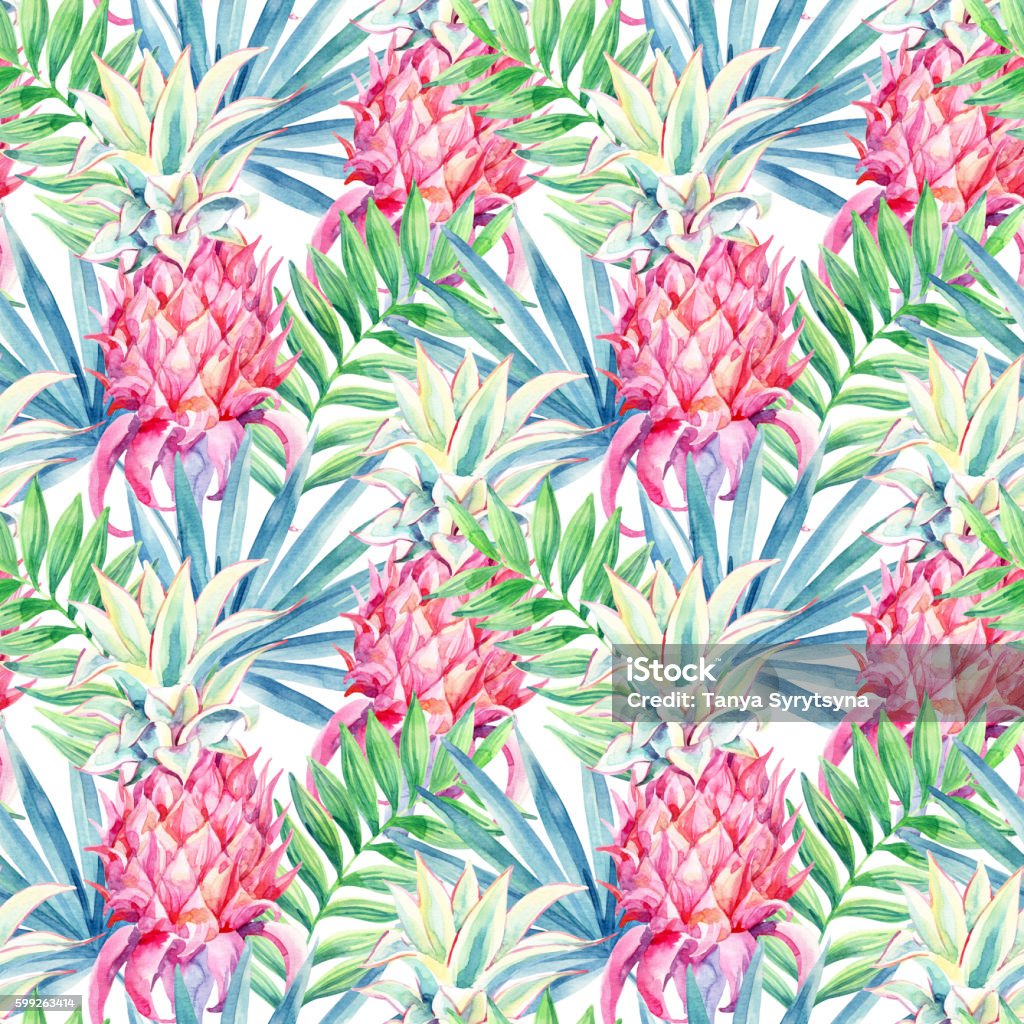 Watercolor pineapple fruit seamless pattern Watercolor pink pineapple fruit seamless pattern. Decorative pink pineapple with palm leaves on white background. The ornamental garden plant. Exotic plants background. Hand painted illustration Frond stock illustration