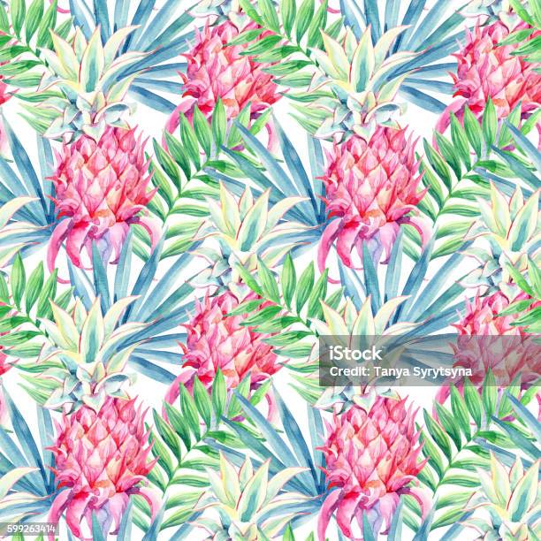 Watercolor Pineapple Fruit Seamless Pattern Stock Illustration - Download Image Now - Frond, Multi Colored, Backgrounds