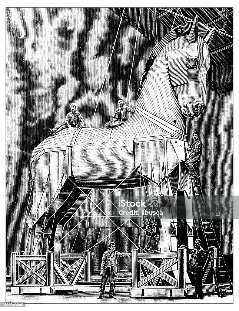 Antique illustration of theatrical reproduction of Trojan Horse Trojan Horse stock illustration