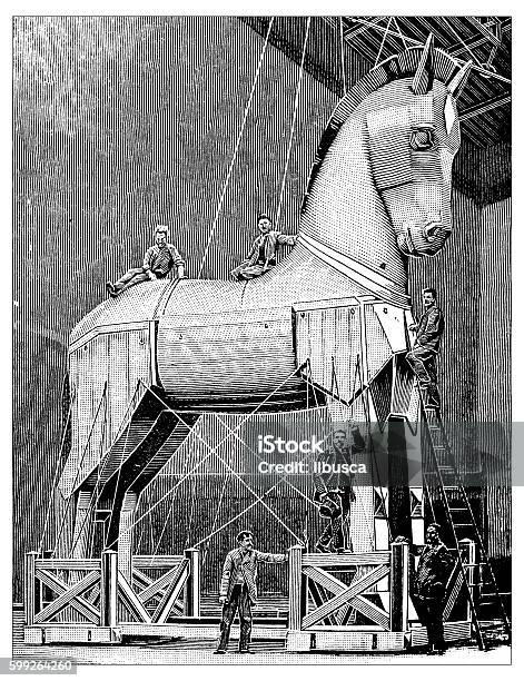 Antique Illustration Of Theatrical Reproduction Of Trojan Horse Stock Illustration - Download Image Now