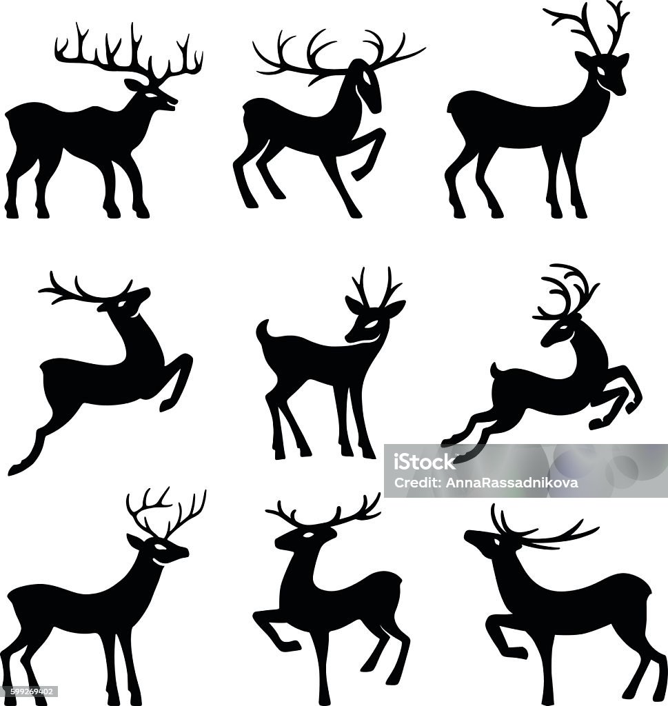 Nine black deer silhouettes Nine black deer set silhouettes isolated on white background, design for Xmas cards, banners and flyers, vector illustration isolated on white background Deer stock vector