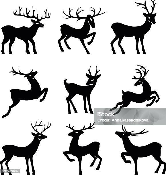 Nine Black Deer Silhouettes Stock Illustration - Download Image Now - Deer, Icon Symbol, Profile View