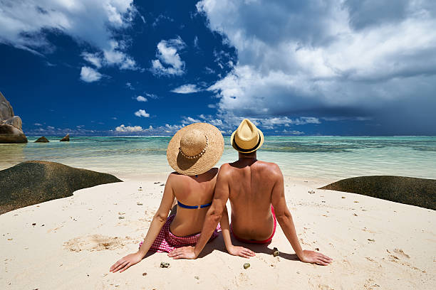 istock Couple on a beach at Seychelles 599269428