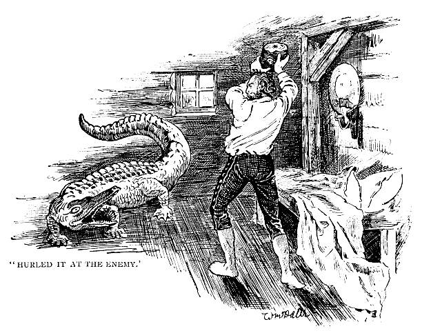 A 19th century American man using a wooden log to fend off an aggressive alligator which has invaded his cabin. From “The New Penny Magazine Illustrated” dated December 9th 1899. Published by Cassell & Company, London.