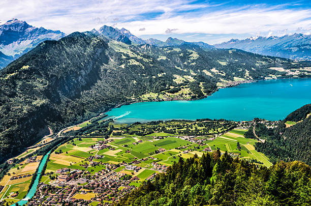 Interlaken to Thunersee, Switzerland, landscape Interlaken connected to the Thunersee by the River Aare in Switzerland. lake thun stock pictures, royalty-free photos & images