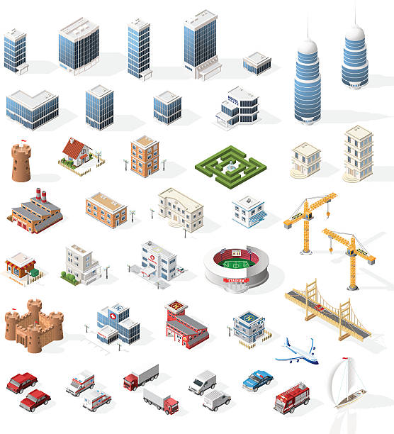 ilustraciones, imágenes clip art, dibujos animados e iconos de stock de conjunto de elementos realistas isométricos de alta calidad de la ciudad para el mapa. - castillo estructura de edificio