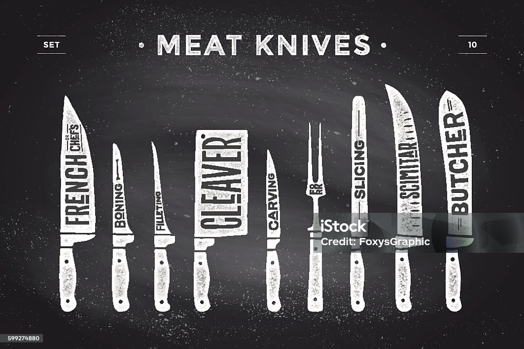 Meat cutting knives set. Poster Butcher diagram and scheme Meat cutting knives set. Poster Butcher diagram and scheme - Meat Knife. Set of butcher meat knives for butcher shop and design butcher themes. Vintage typographic hand-drawn. Vector illustration Table Knife stock vector