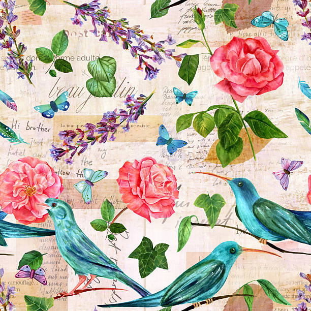 ilustrações de stock, clip art, desenhos animados e ícones de seamless pattern with birds and flowers on old ephemera - spain spanish culture art pattern