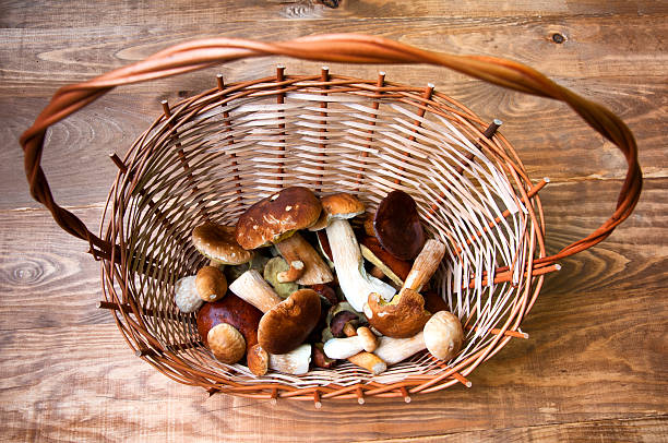 istock Fresh mushrooms in basket on wooden table 599275620