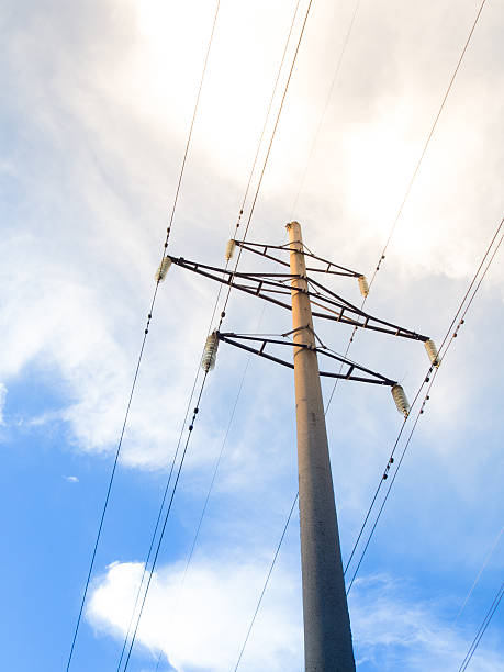 istock Power line on background of blue sky 599275678
