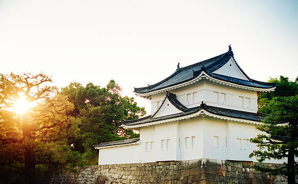 Kyoto, Japan - May 27, 2016: View on Ni-Jo Castle in Kyoto from the Hirokawa street in sunset. The castle consists of two rings of fortifications, the Ninomaru Palace, the ruins of the Honmaru Palace, various support buildings and several gardens