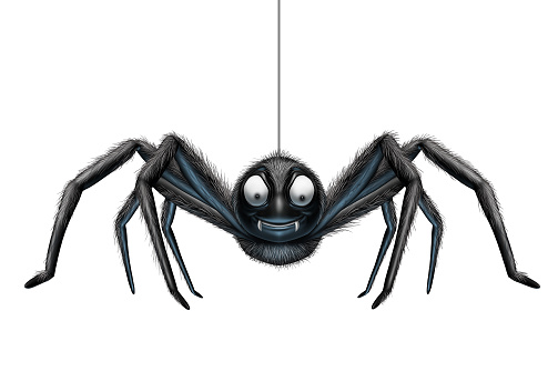 Creepy spider hanging from a single silk thread as a scary halloween element isolated on a white background as a 3D illustration.