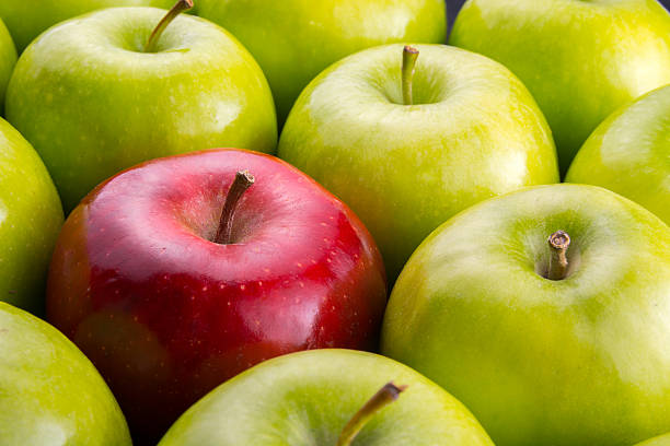 único. manzana roja entre el grupo de manzanas verdes. - individuality standing out from the crowd apple contrasts fotografías e imágenes de stock