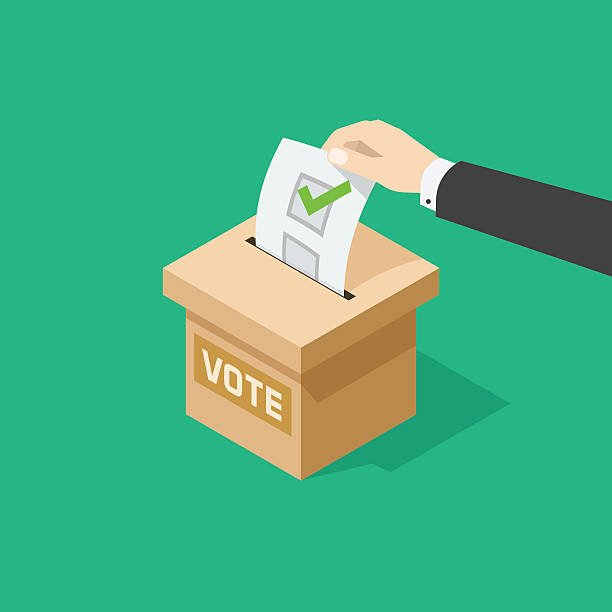 Voting man hand holding political ballot putting in poll box Voting vector illustration, man hand holding political ballot putting in ballot box, concept of election choice or vote, poll designate stock illustrations
