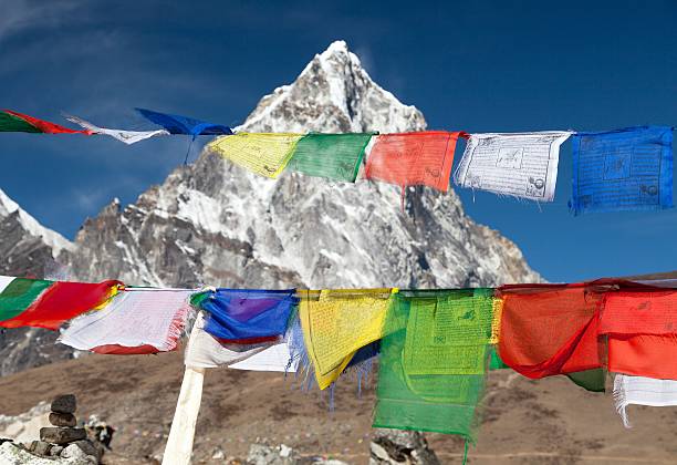 istock Rows of prayer flags and mount Arakam Tse 599281976