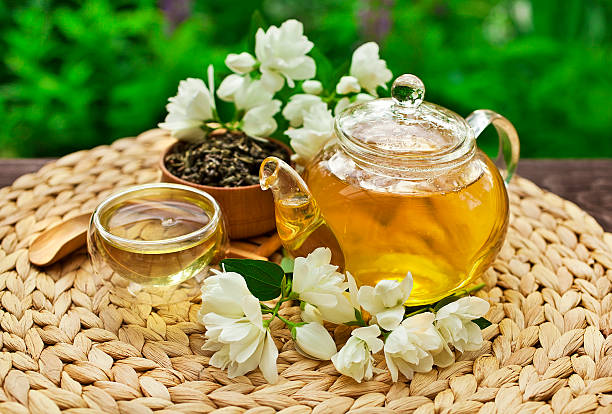 istock Jasmine green tea in a glass teapot 599460222