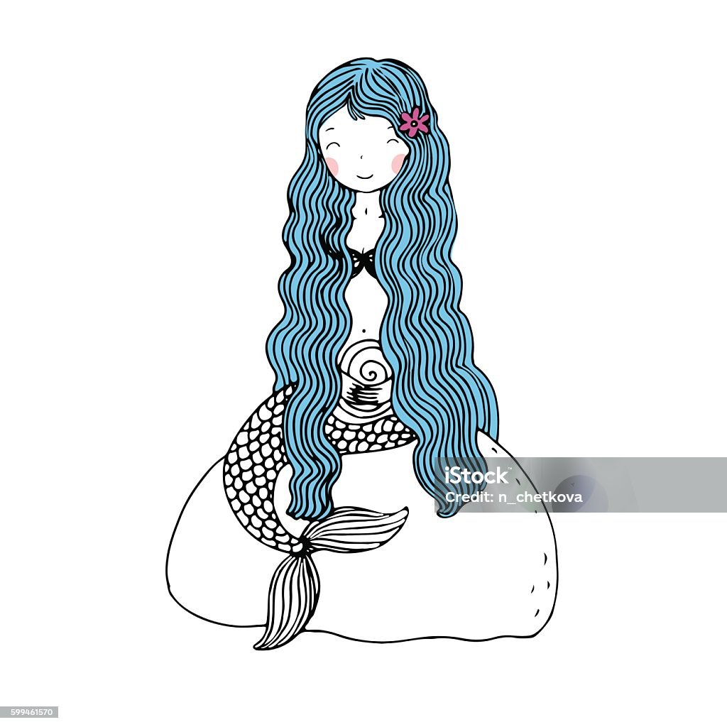 Beautiful little mermaid with shells. Siren. Beautiful little mermaid with shells. Siren. Mythology. Sea theme. Hand drawn vector illustration on a white background. Blue stock vector