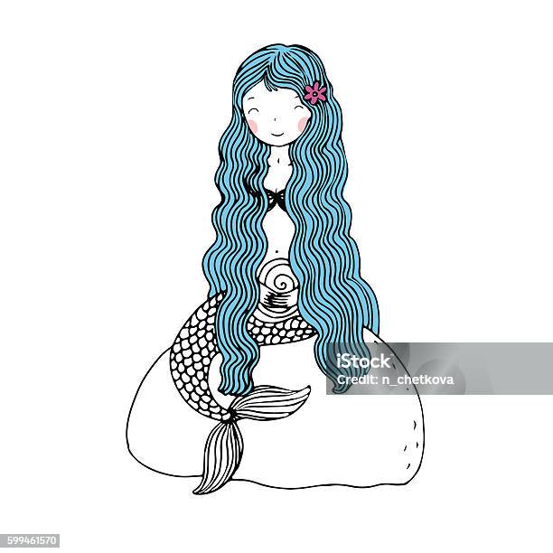 Beautiful Little Mermaid With Shells Siren Stock Illustration - Download Image Now - Blue, Book, Cheerful