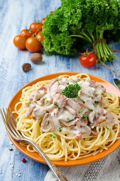 istock Spaghetti with Bechamel sauce, mushrooms and bacon 599461828