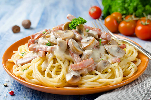 Spaghetti with Bechamel sauce, mushrooms and bacon