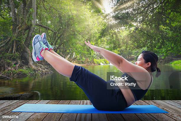 Asian Fat Woman Take V Shape Six Pack Course Stock Photo - Download Image Now - Exercising, Large Human Build, Relaxation Exercise