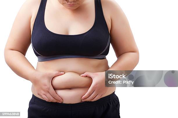 Fat Woman Looking And Touching Her Stomach Stock Photo - Download Image Now - Overweight, Abdomen, Women