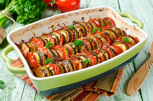 Ratatouille - traditional French Provencal vegetable dish cooked in oven. Homemade preparation recipe healthy diet