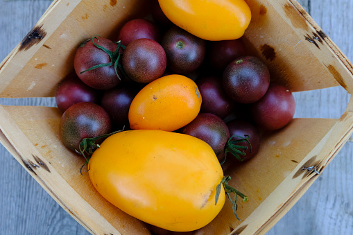 Plum and cherry tomatoes in basket.