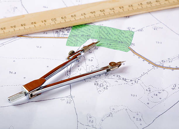 istock Topographic map of district with  measuring instrument and  rule 599468858