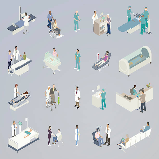 Medical Spot Illustration Twenty medical spot illustrations in a flat, unified color palette are presented in isometric view. Mini-scenes include a patient on an xray scanner, a pediatrician handing a lollipop to a patient, a chiropractor on massage table, a patient in intensive care, a patient getting his blood taken for blood work, a newborn in the NICU, a woman in a wheelchair being transported, an elderly woman buying medicine from a pharmacist, a blood donor, a surgeon scrubbing hands, a man getting his vision checked from an opthamologist, a team of surgeons performing an operation, a woman in a hyperbaric chamber, and a man checking in with a medical receptionist. eye doctor and patient stock illustrations