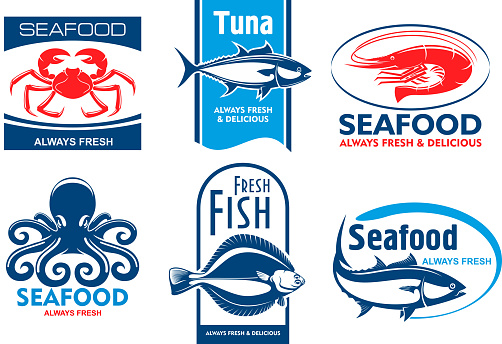 Seafood products tags and emblems. Vector icons for product, company, restaurant label. Graphic symbols of crab, tuna, shrimp, octopus, flounder, fish