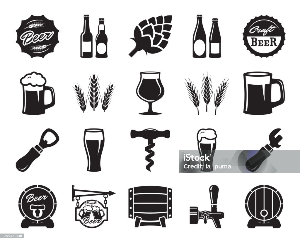 cerveja, fabricação, ingredientes, cultura de consumo. conjunto de ícones negros - Vetor de Cerveja royalty-free