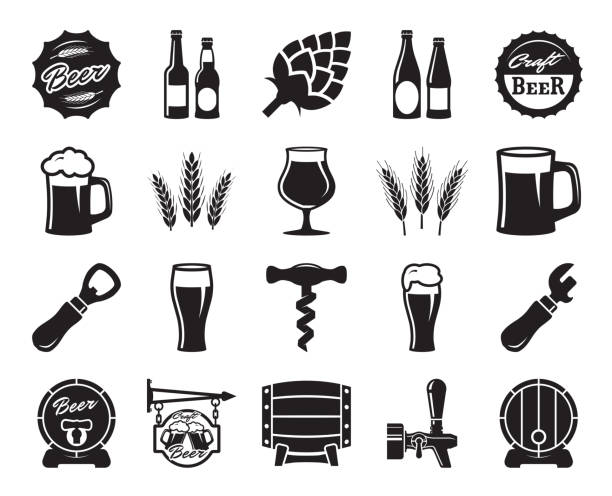 ilustrações, clipart, desenhos animados e ícones de cerveja, fabricação, ingredientes, cultura de consumo. conjunto de ícones negros - bottle opener