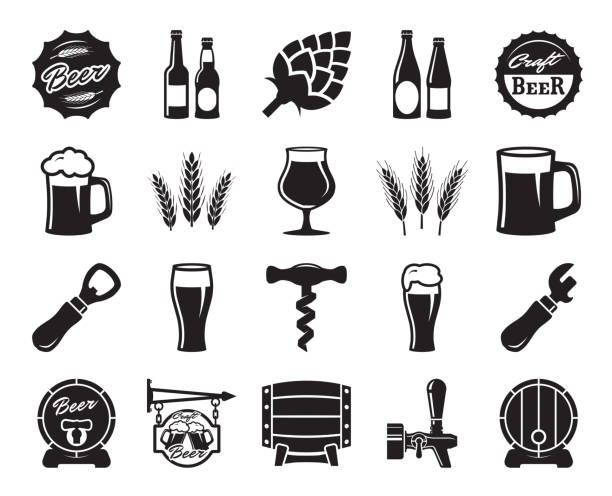 beer, brewing, ingredients, consumer culture. set of black icons beer, brewing, ingredients, consumer culture. set of black icons on a white background corkscrew stock illustrations