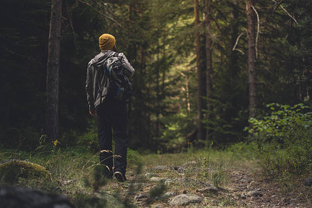 podróżny z plecakiem spaceruje po lesie - walking loneliness one person journey zdjęcia i obrazy z banku zdjęć