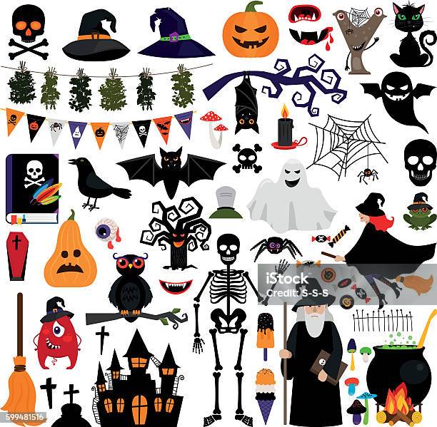 Halloween Mode Icônes Plates Vecteurs libres de droits et plus d'images vectorielles de Halloween - Halloween, Icône, Sorcière