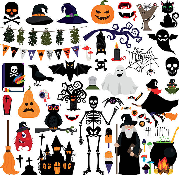 Halloween fashion flat icons Halloween fashion flat icons isolated on white background. Halloween vector characters. Pumpkin and black cat, ghost and witch spooky cat stock illustrations