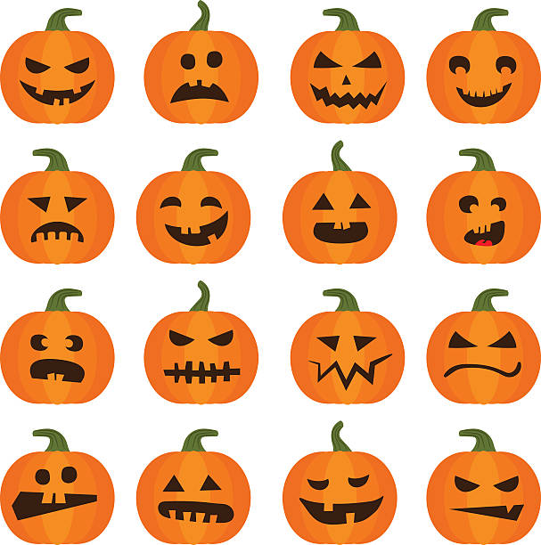 ilustraciones, imágenes clip art, dibujos animados e iconos de stock de conjunto de iconos de calabaza de halloweens - linterna de halloween ilustraciones