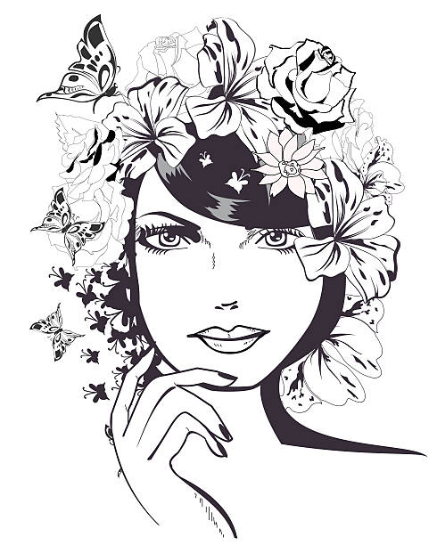 illustrations, cliparts, dessins animés et icônes de beau visage de fille. - vertical single flower women teenager