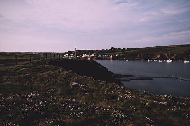 cornish küste von der klippe in bude vintage retro gesehen - sea passage audio stock-fotos und bilder