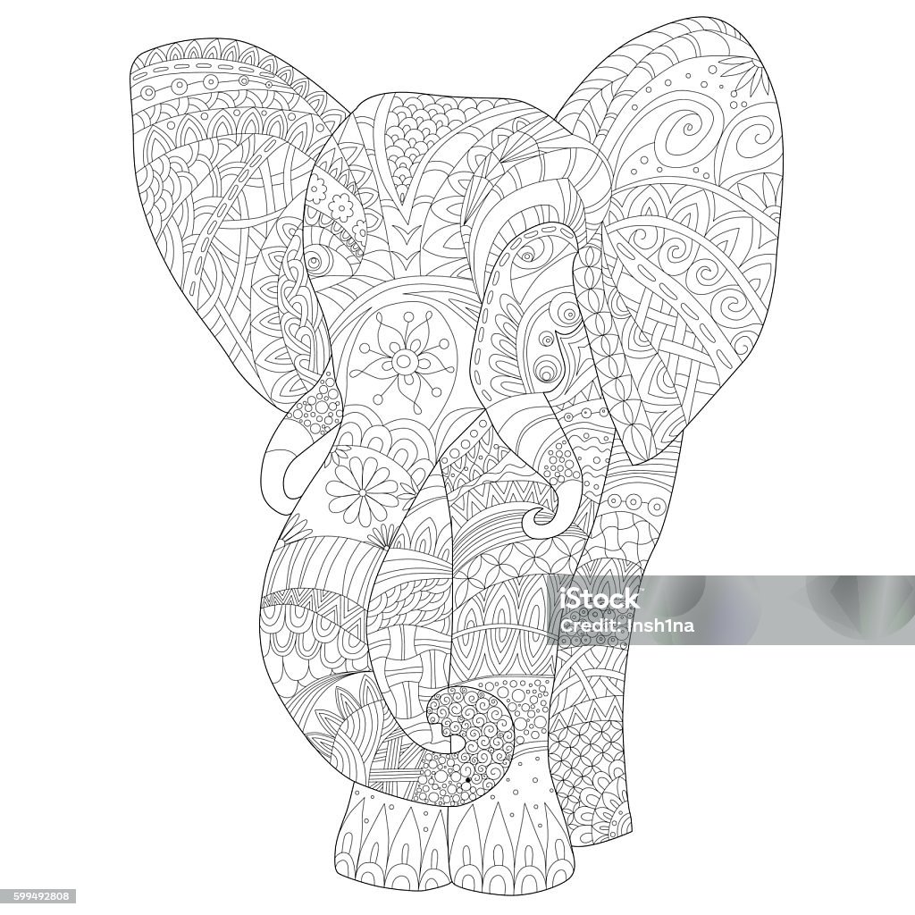 Page coloring for adults, hand drawn elephant zentangl style Page coloring for adults, hand drawn elephant zentangl style, Anti stress Coloring Page. Mandala stock vector