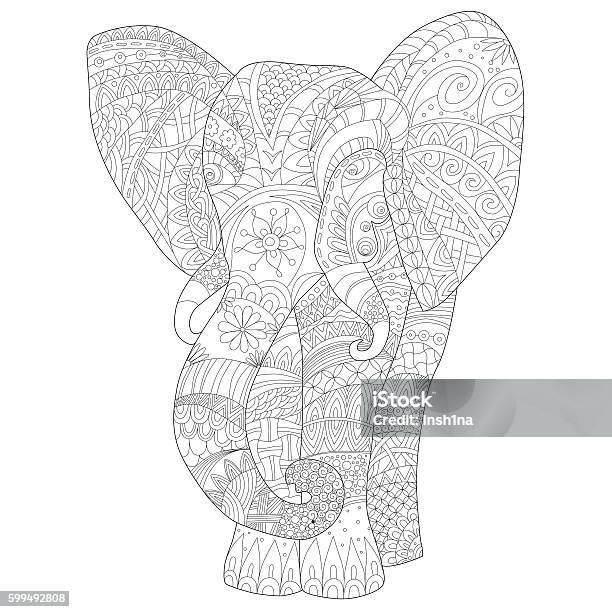 Page Coloring For Adults Hand Drawn Elephant Zentangl Style Stock Illustration - Download Image Now