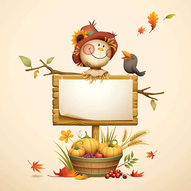 Vector illustration of scarecrow with wood sign and harvest basket